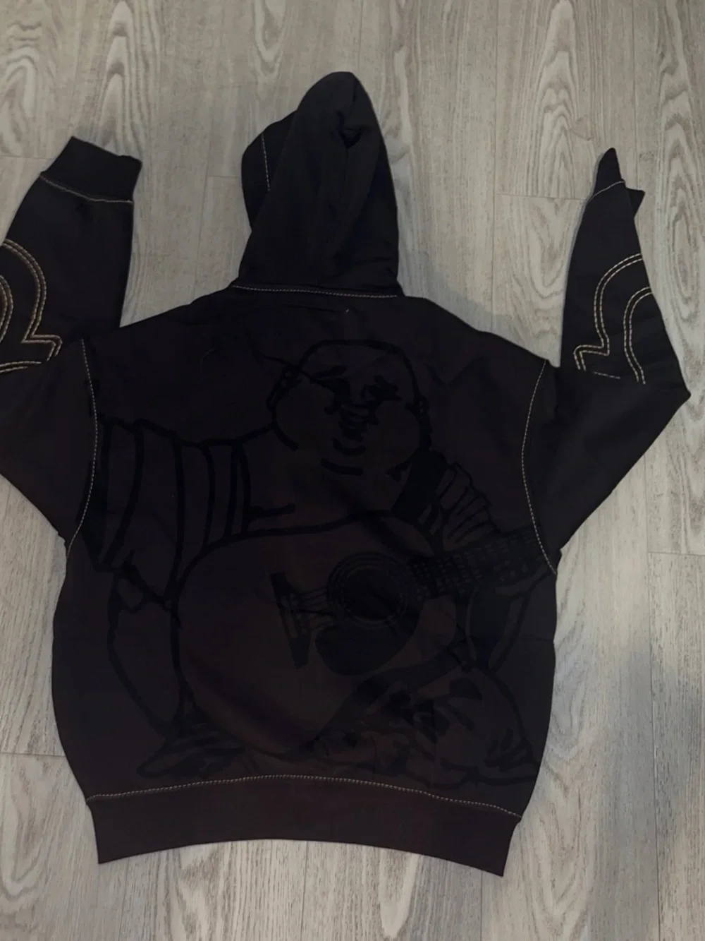 True Religion Black Wide-Leg Hoodie and Sweatpants Set with Gold Stitching